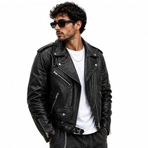 HWK Motorsports Mens Black Genuine Leather Biker Motorcycle Jacket Size Large